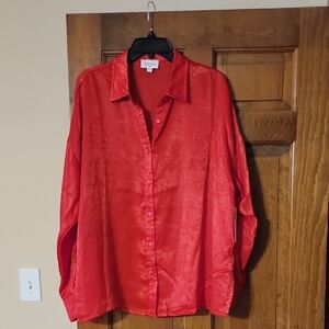 Red Satin Button-Up Shirt-NWT